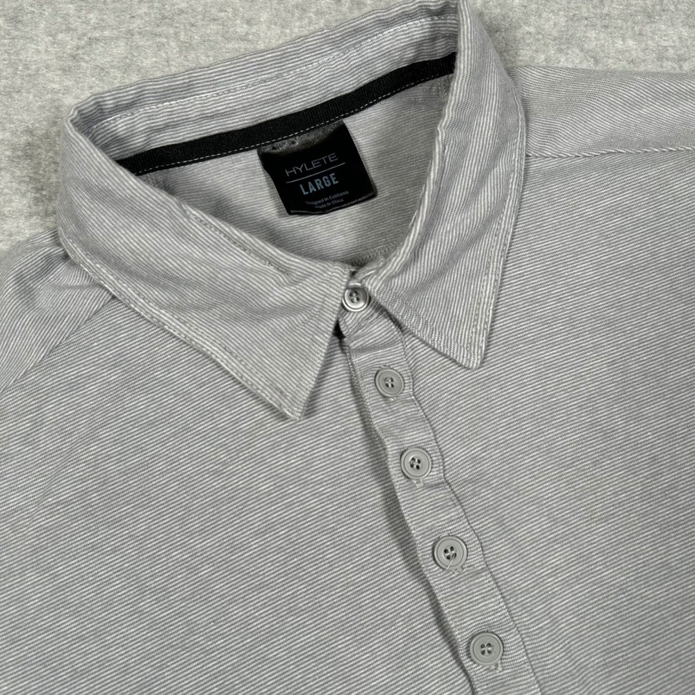 HYLETE Polo Shirt Mens L Gray Striped Short Sleeve Casual‎ Athletic Stretch Gym